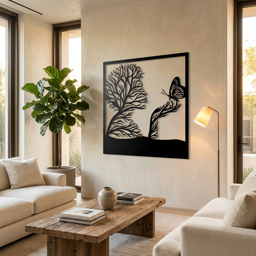 Kelebekli Kadın Metal Duvar Dekoru