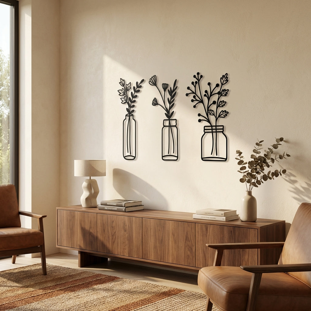 Modern Vazo Silüetleri Metal Duvar Dekoru
