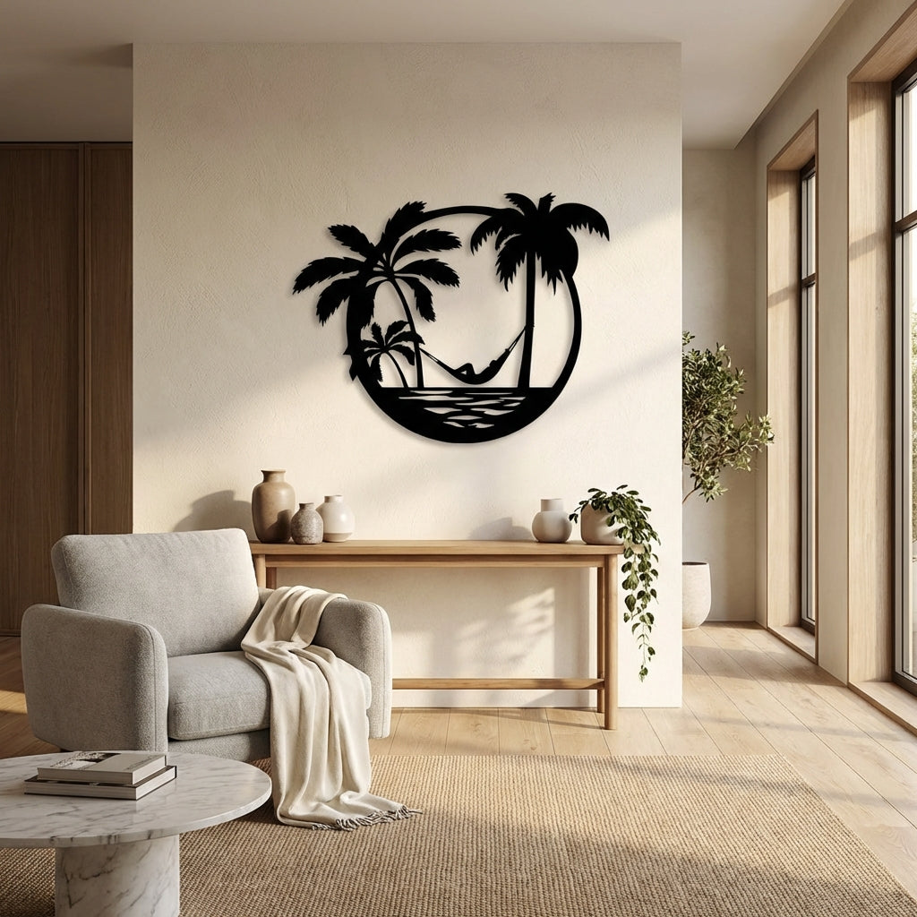 Palmiyeler Arasında Metal Duvar Dekoru