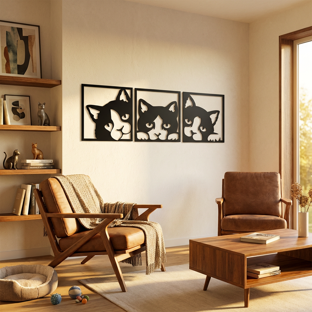 Geometrik Kedi Trio Metal Duvar Dekoru