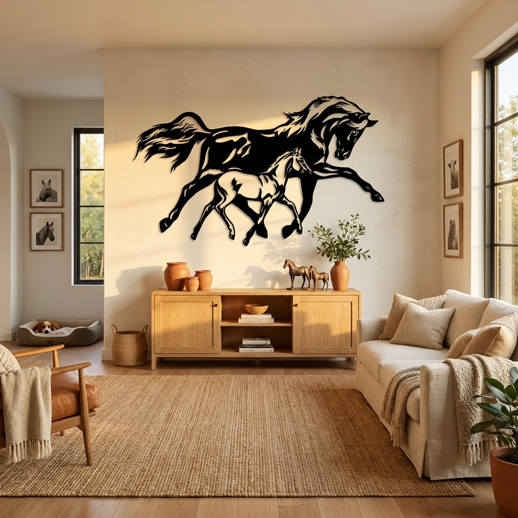 Özgürlüğün İzleri: Anne ve Yavrusu At Metal Duvar Dekoru