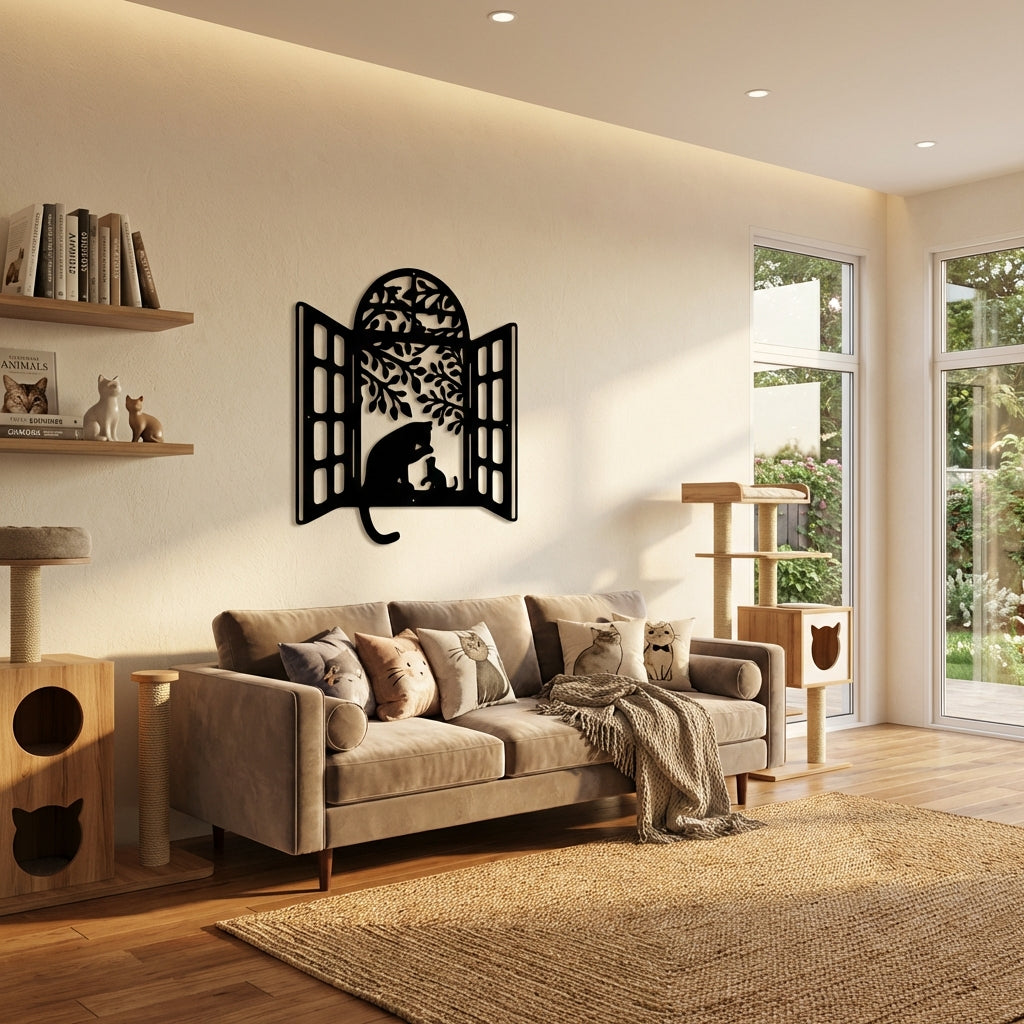 Penceredeki Dostluk Kediler Metal Duvar Dekoru